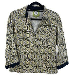 Elizabeth McKay Knots Chain Print Picnic Popover Shirt Yellow Navy Womens 4